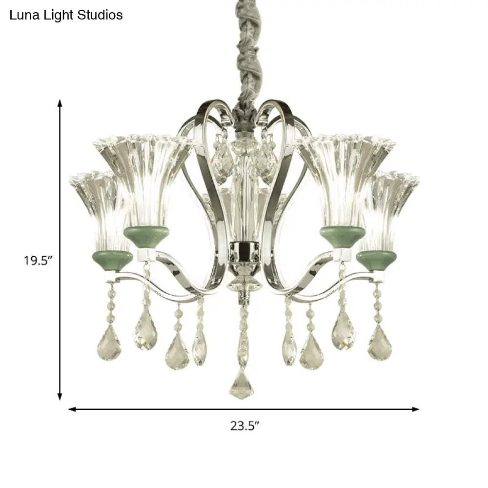 Lámpara de araña moderna de 5 bombillas con colgante de cristal verde y vidrio.