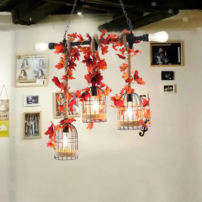 DecorBites™ 5-Head Birdcage Rope Island Light Fixture: Factory Red/Rose Red Metal Pendant Lamp with Artificial Maple Leaf/Blossom