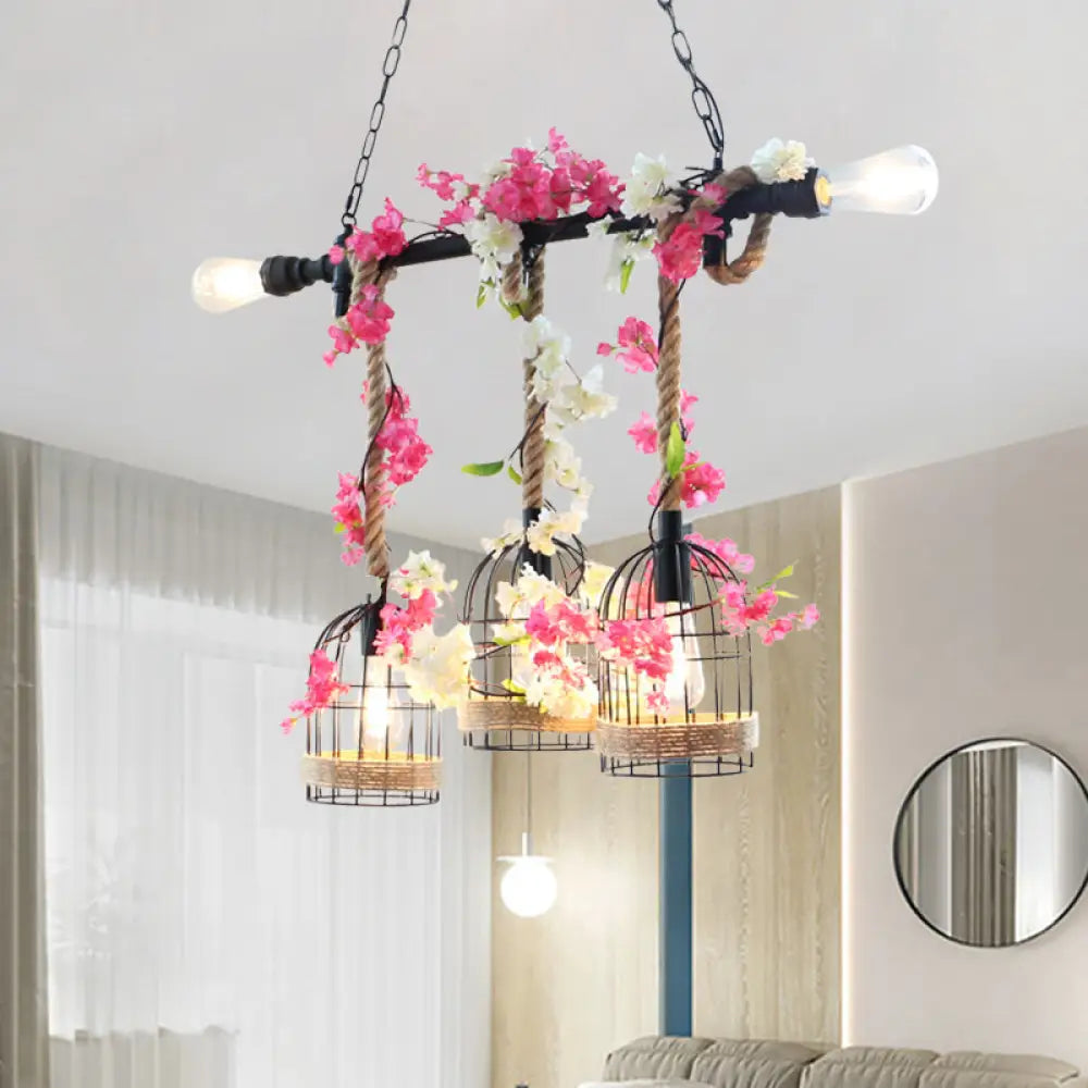 DecorBites™ 5-Head Birdcage Rope Island Light Fixture: Factory Red/Rose Red Metal Pendant Lamp with Artificial Maple Leaf/Blossom