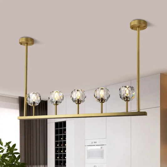 DecorBites™ 5-Head Linear Crystal Ball Pendant Light in Gold - Elegant Dining Room Ceiling Fixture