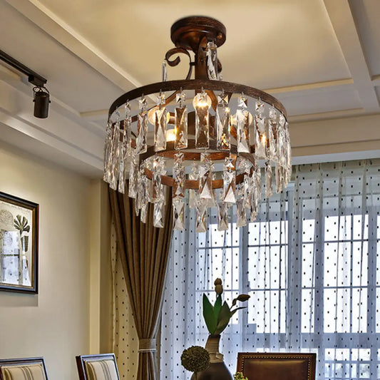 DecorBites™ DecorBites™ 5-Head Semi Flush Vintage Drum Crystal Flute Ceiling Light Fixture, Black Finish