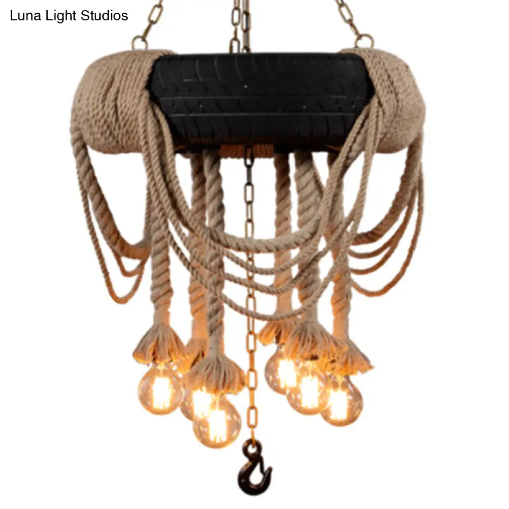 5-Light Black Tyre Chandelier with Warehouse Rope Suspended Pendant for Restaurant