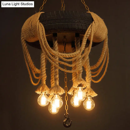 5-Light Black Tyre Chandelier with Warehouse Rope Suspended Pendant for Restaurant