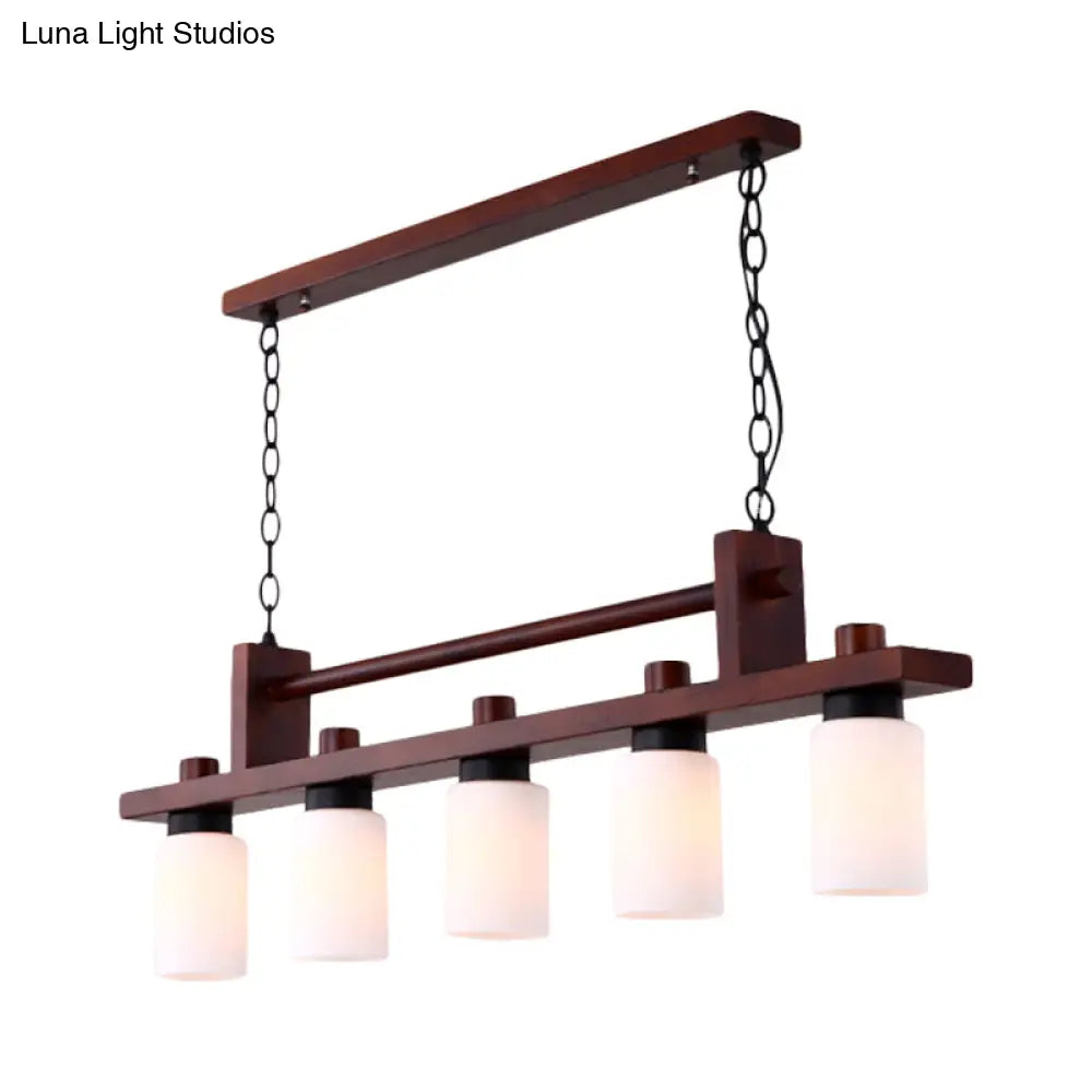 DecorBites™ 5-Light Island Pendant: Traditional Linear Wood Hanging Light in Brown with Opal Glass Shade