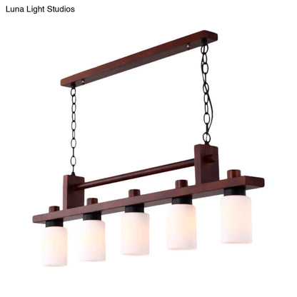 DecorBites™ 5-Light Island Pendant: Traditional Linear Wood Hanging Light in Brown with Opal Glass Shade
