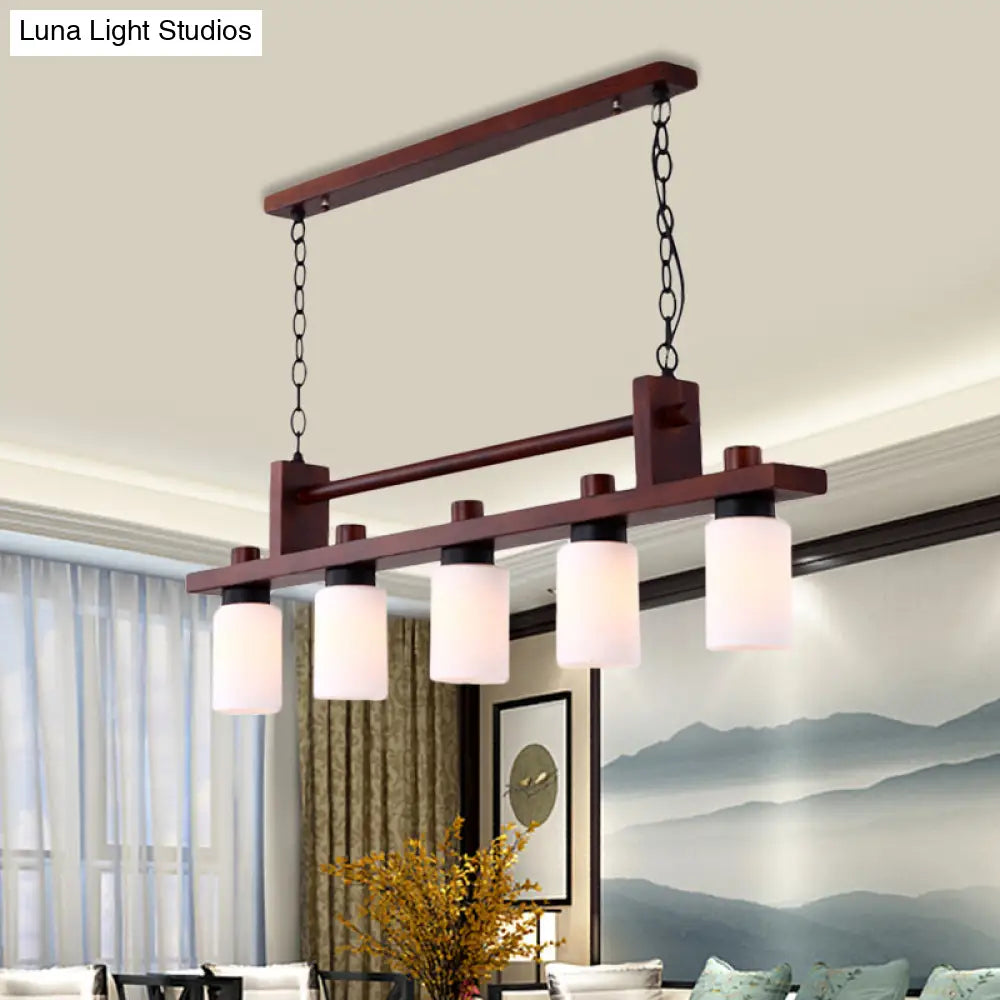 DecorBites™ 5-Light Island Pendant: Traditional Linear Wood Hanging Light in Brown with Opal Glass Shade