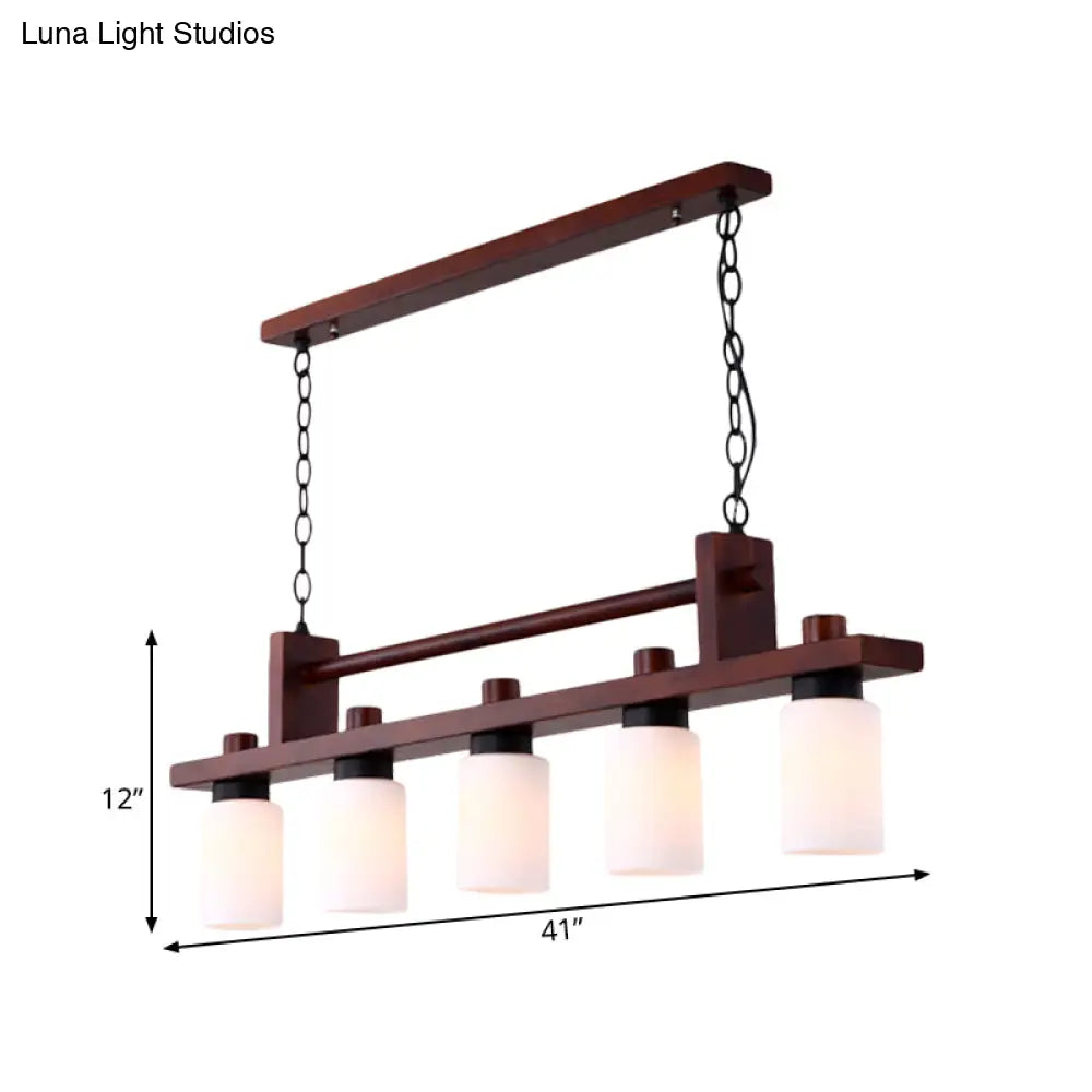 DecorBites™ 5-Light Island Pendant: Traditional Linear Wood Hanging Light in Brown with Opal Glass Shade