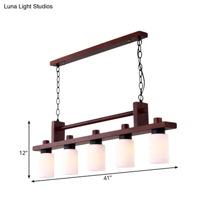DecorBites™ 5-Light Island Pendant: Traditional Linear Wood Hanging Light in Brown with Opal Glass Shade