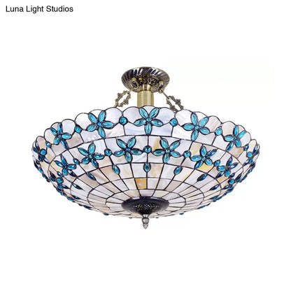 5-Light Stained Glass Dome Semi Flush Ceiling Light in Antique Brass - Tiffany Style for Bedroom