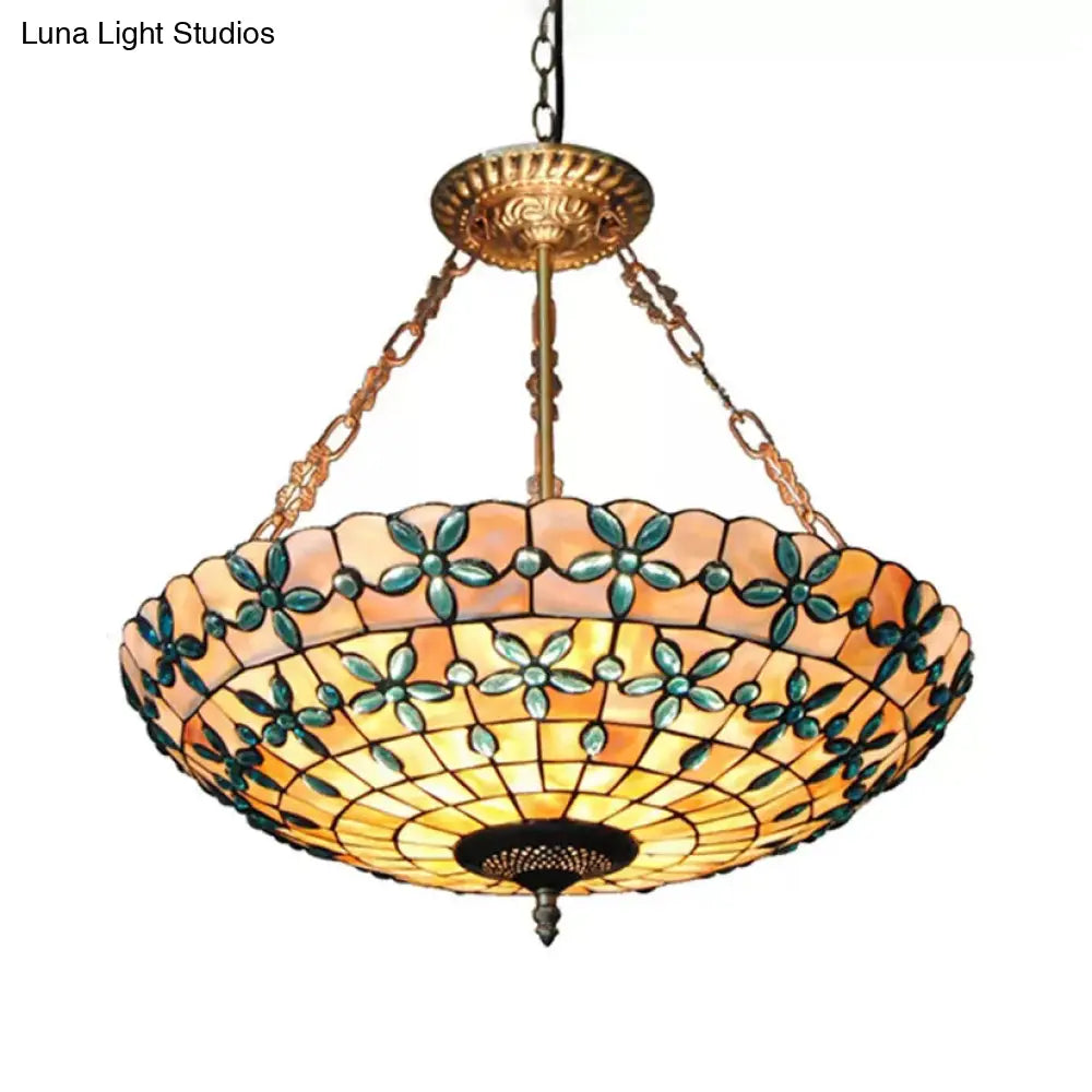 5-Light Stained Glass Dome Semi Flush Ceiling Light in Antique Brass - Tiffany Style for Bedroom