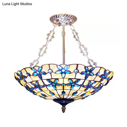 5-Light Stained Glass Dome Semi Flush Ceiling Light in Antique Brass - Tiffany Style for Bedroom