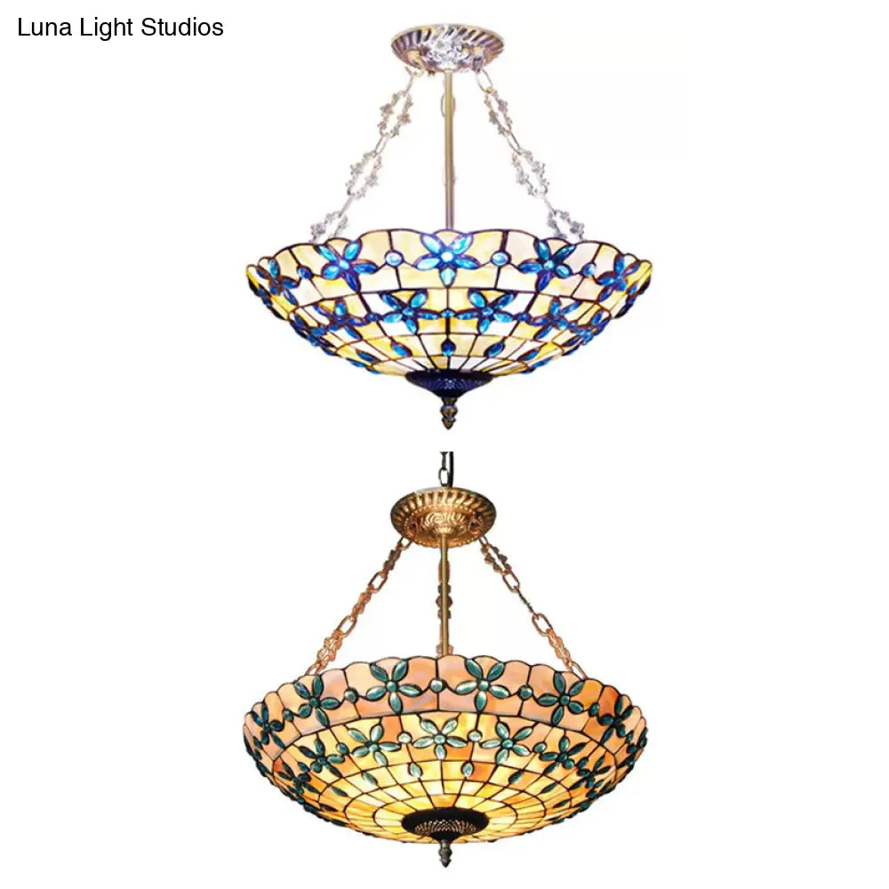 5-Light Stained Glass Dome Semi Flush Ceiling Light in Antique Brass - Tiffany Style for Bedroom