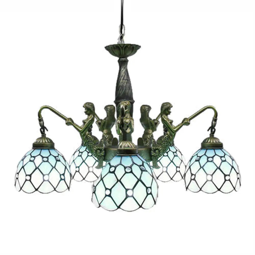 Lámpara de araña colgante de cristal tallado azul Tiffany de 5 luces con decoración de sirena