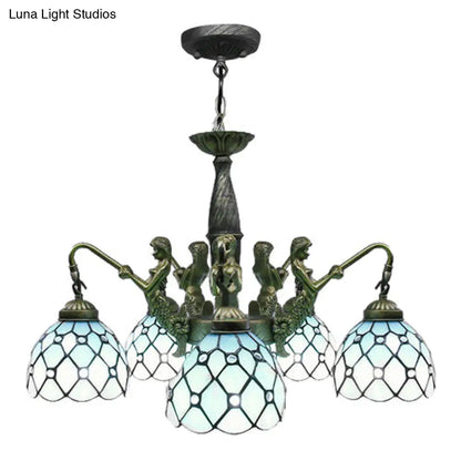 Lámpara de araña colgante de cristal tallado azul Tiffany de 5 luces con decoración de sirena