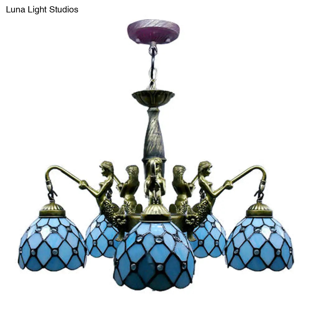 Lámpara de araña colgante de cristal tallado azul Tiffany de 5 luces con decoración de sirena