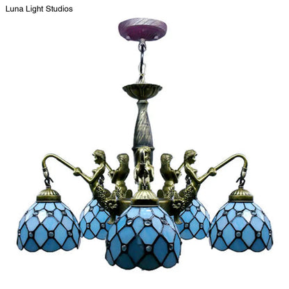 Lámpara de araña colgante de cristal tallado azul Tiffany de 5 luces con decoración de sirena