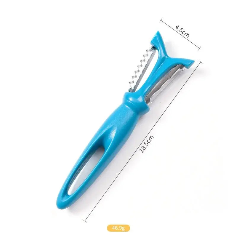Bright blue plastic-handled stainless steel vegetable peeler with serrated steel blade from 5 piece colorful set