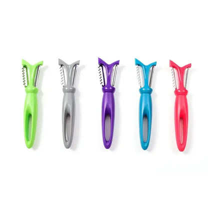 Five colorful stainless steel vegetable peelers with ergonomic handles in green gray purple blue and red kitchen tools