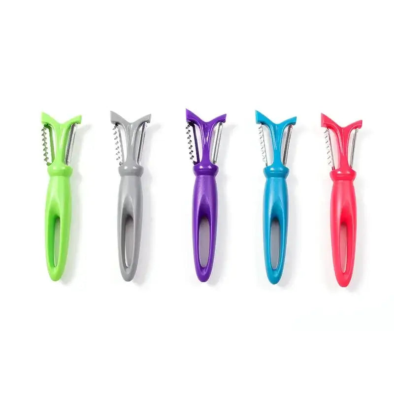 Five colorful stainless steel vegetable peelers with ergonomic handles in green gray purple blue and red kitchen tools