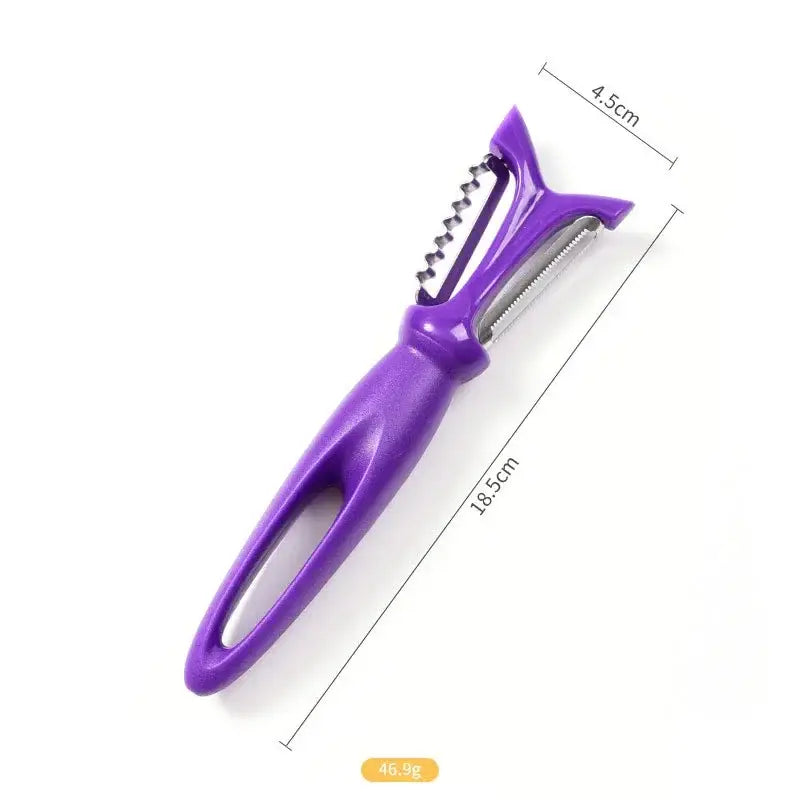 Purple plastic-handled stainless steel vegetable peeler with serrated blade in a 5 piece colorful kitchen tool set