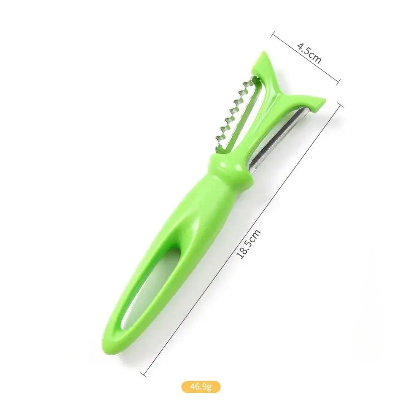 Bright green plastic-handled stainless steel vegetable peeler with metallic blade and spiral grater attachment for kitchen use