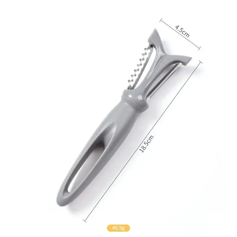 Gray plastic-handled stainless steel vegetable peeler with spiral blade and flat scraper from 5 piece colorful set
