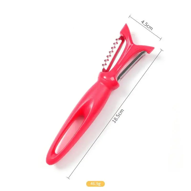 Red plastic-handled stainless steel vegetable peeler with dual-sided steel blade for efficient fruit and veggie peeling