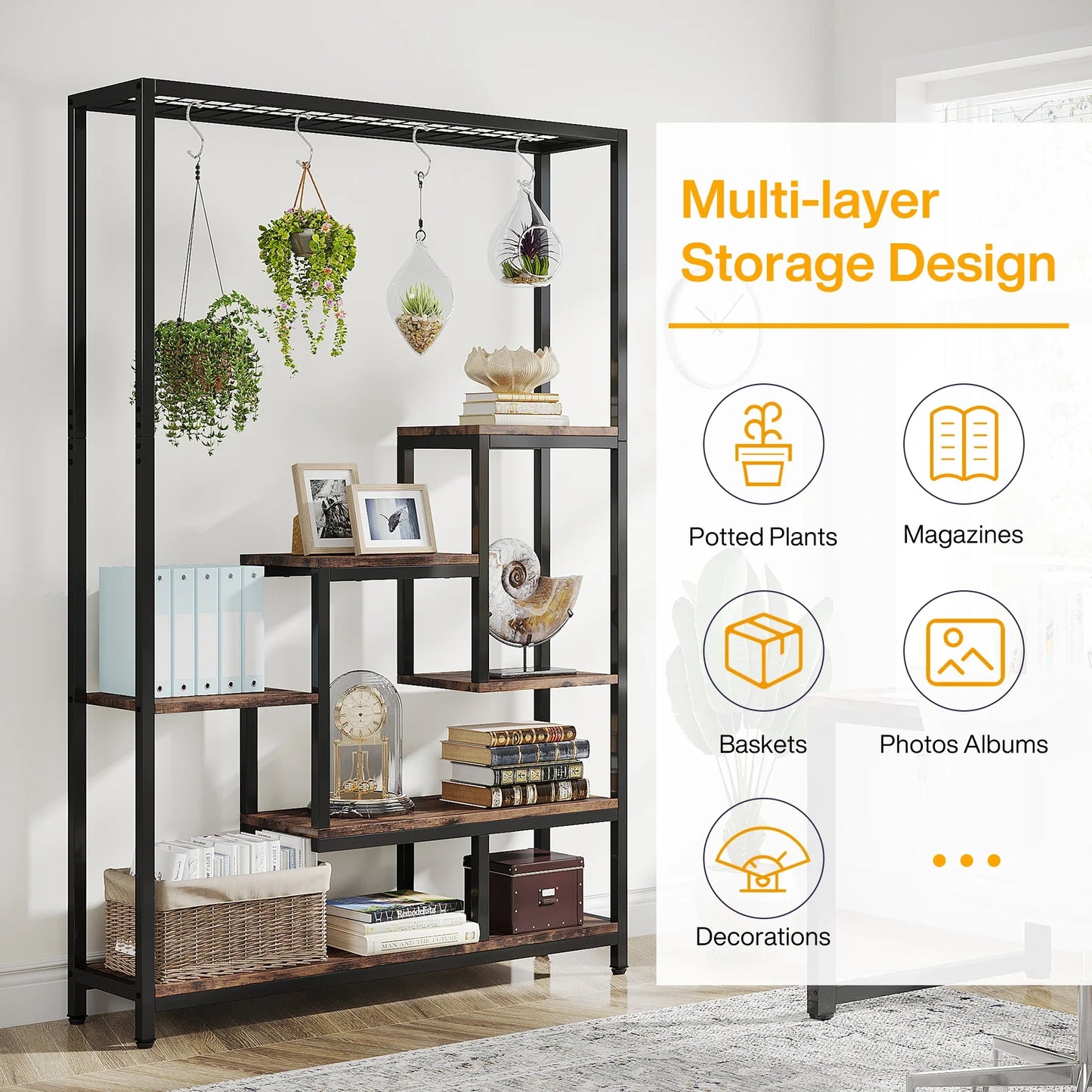 5-Tier Tall Metal Plant Stand with Hanging Hooks
