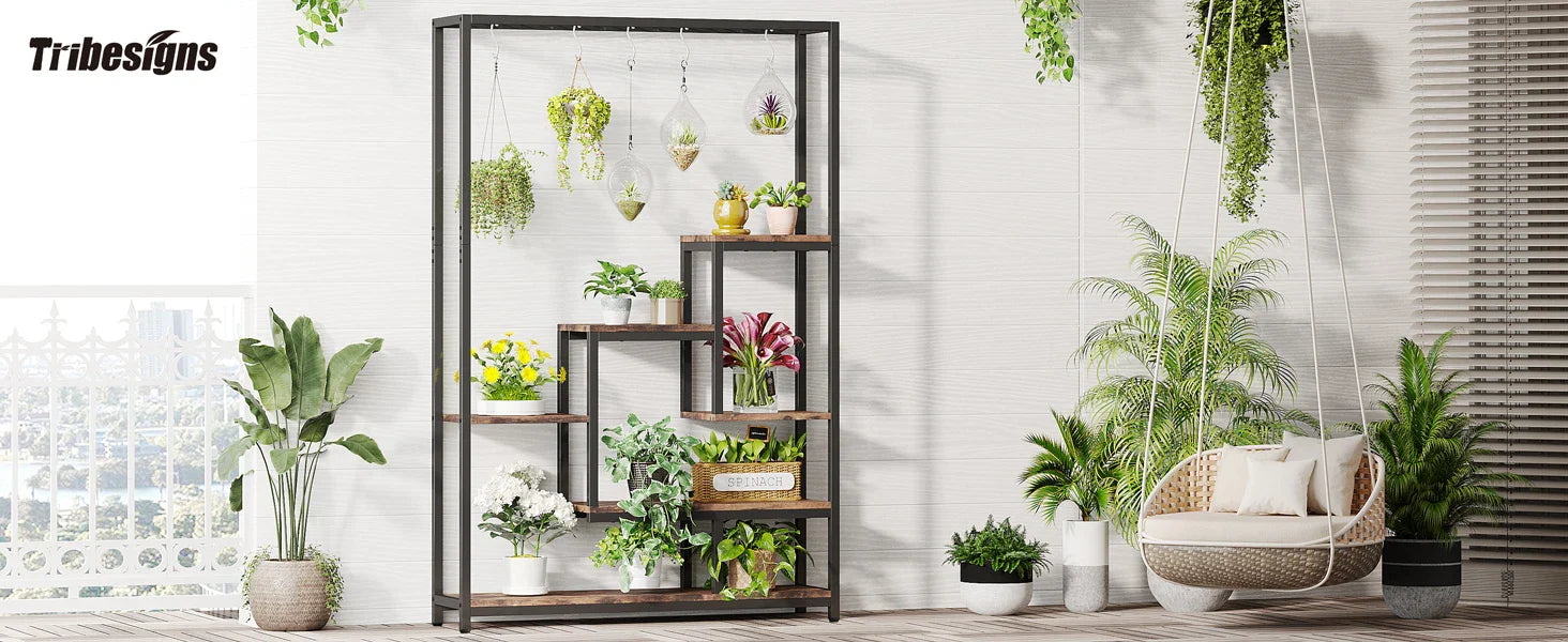 5-Tier Tall Metal Plant Stand with Hanging Hooks