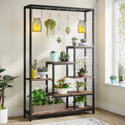 5-Tier Tall Metal Plant Stand with Hanging Hooks - United States