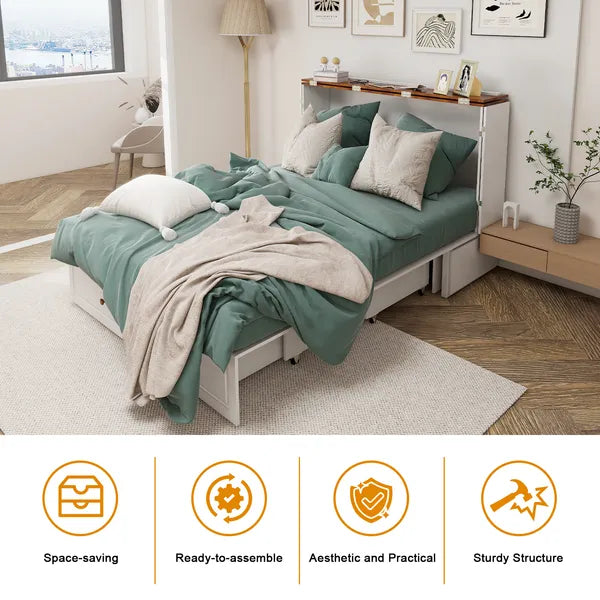 Marco de Cama Murphy de Tamaño Queen con Cajones, Cama Murphy con Pecho y Estación de Carga, 2 Puertos USB, Cama Murphy Móvil para Arreglo de Dormir en Áreas Multipropósito para Dormitorio, Sala de Estar, Habitación de Huéspedes Blanco y Madera