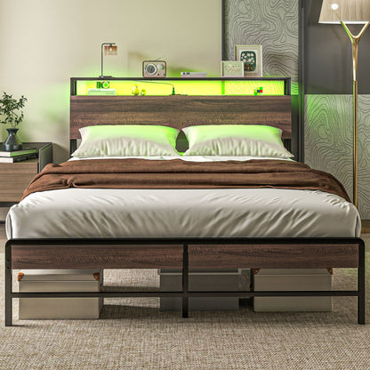 Queen Size Bed Frame with LED Lights and Charging Station