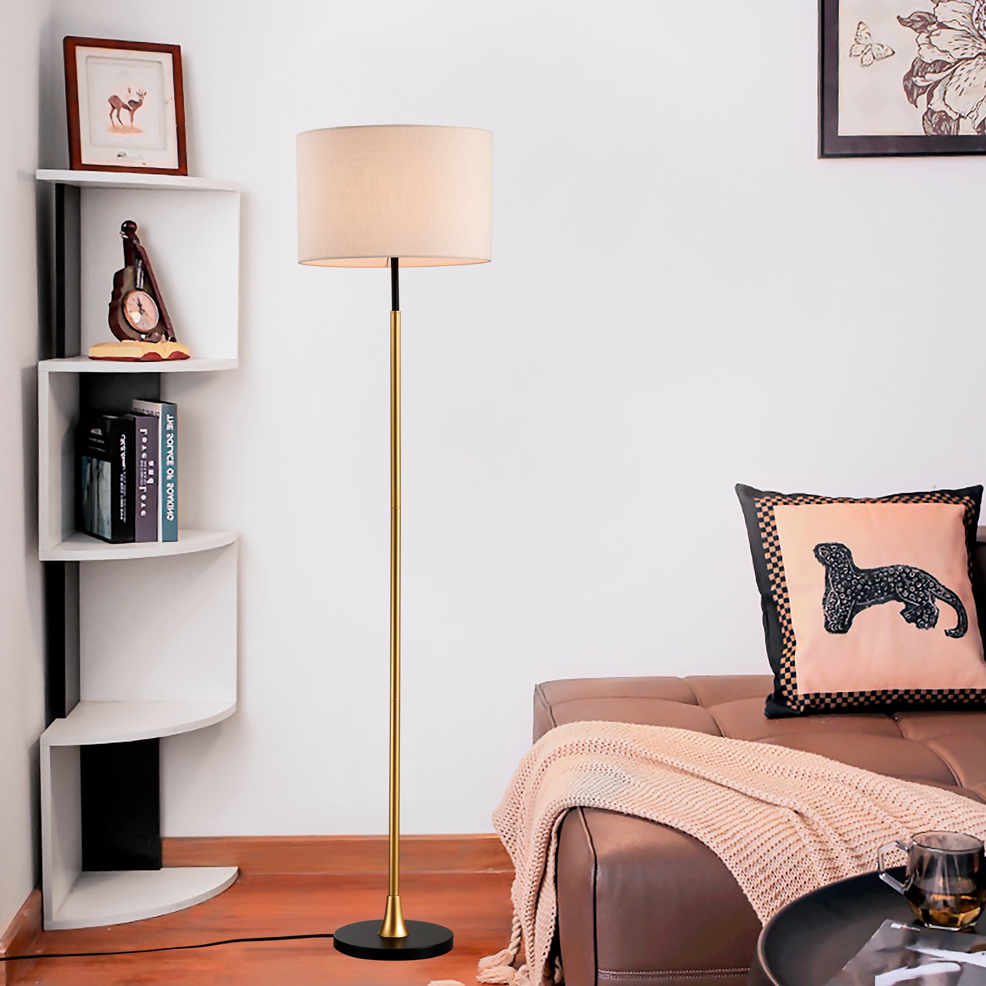 Lámpara de Pie para Sala de Estar con Pantalla Beige, Lámpara de Pie Alta Industrial para Lectura en Dormitorio, Oficina Sin Bombilla Incluida - Negro Mate Dorado Mate