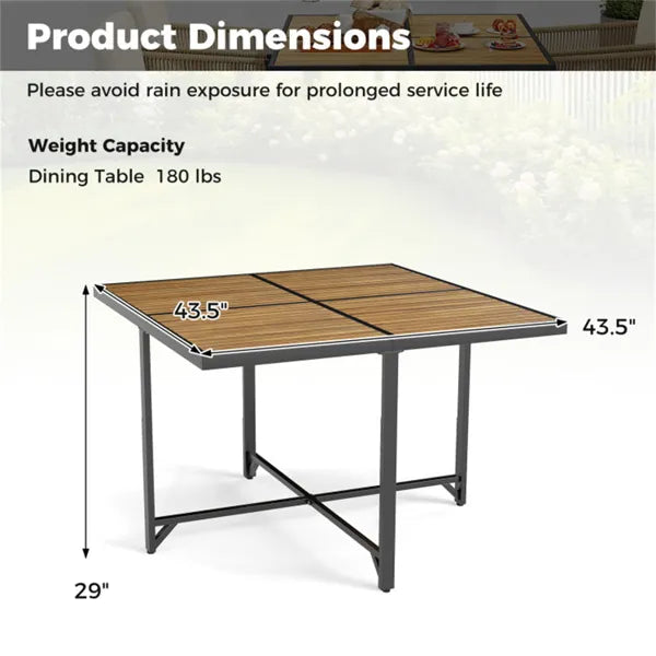 Mesa exterior de madera de acacia cuadrada de 43,5" - Estructura metálica en X, para 4 personas, Natural+Negro, capacidad de 180 lbs