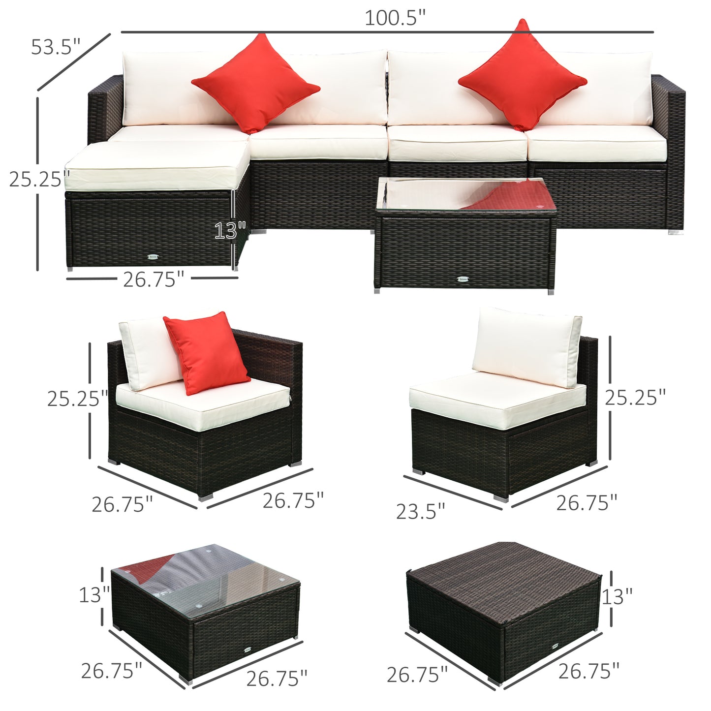 6 Piece Patio Furniture Set Outdoor Conversation Set All Weather PE Sectional Sofa Set with Ottoman