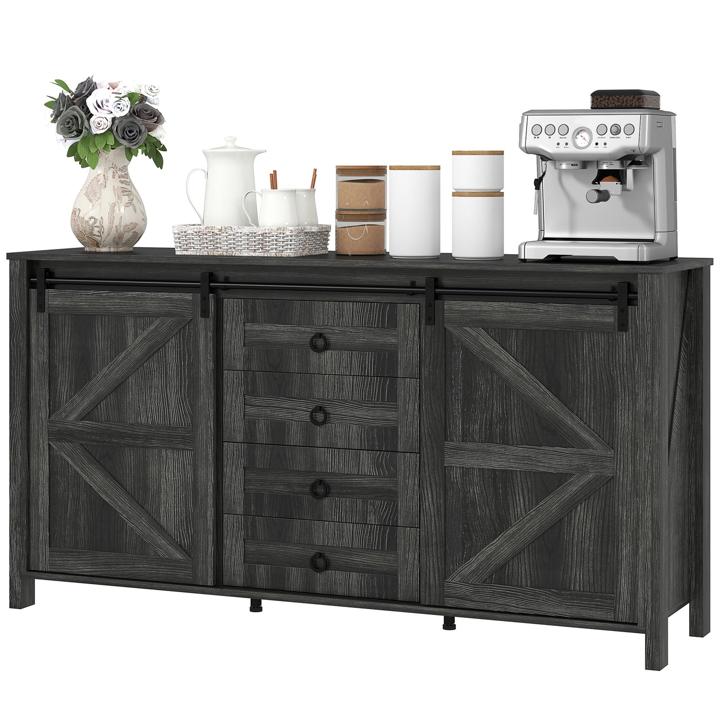 60 Buffet Cabinet, Farmhouse Sideboard With Sliding Barn Doors, Drawers And Adjustable Shelves, Distressed Dark Gray