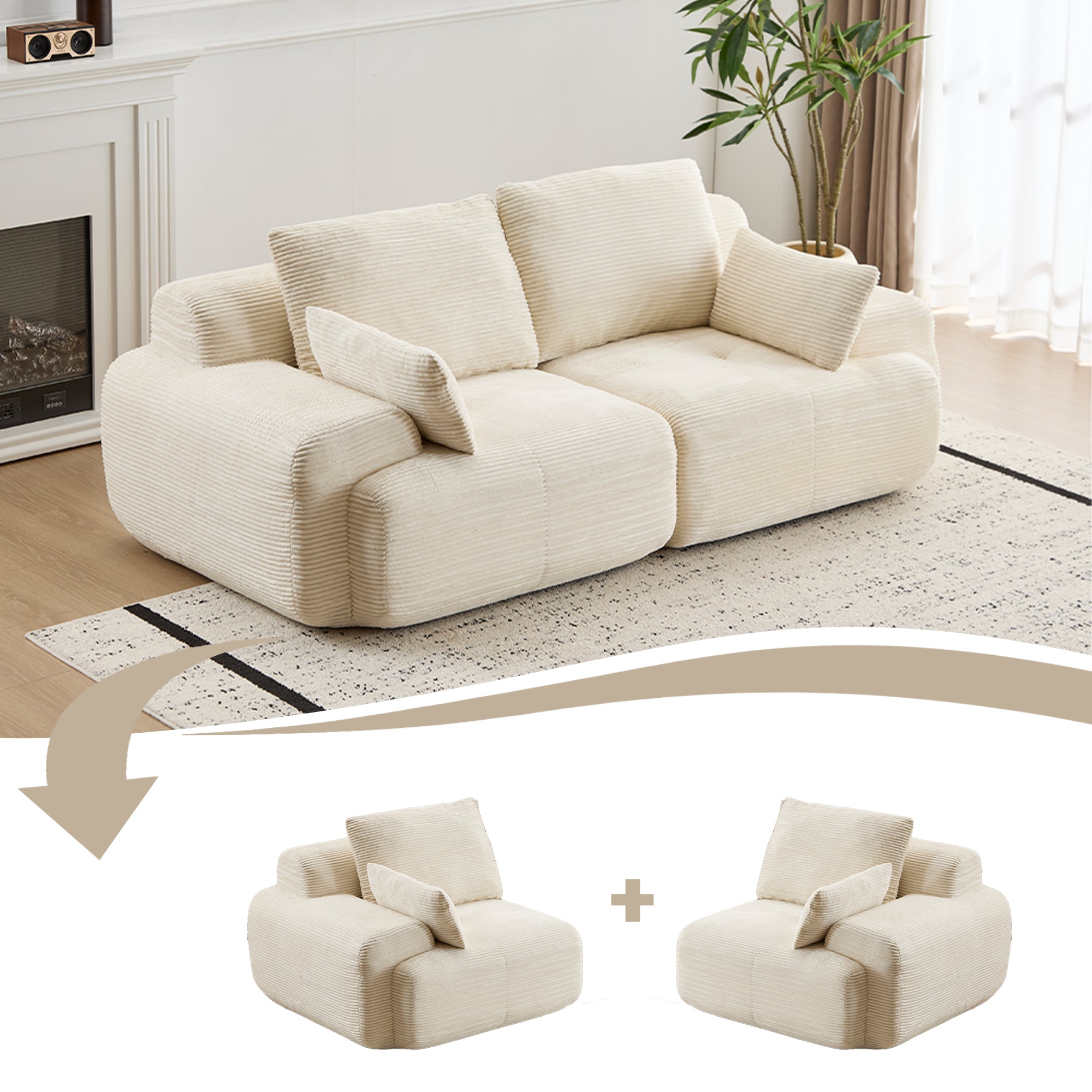Sofá Comprimido de Espuma de Memoria Moderna, Sofá Seccional Grande de 2 Plazas para Sala de Estar, Sofá Seccional Modular Nube Amigable con Mascotas, Tela de Corduroy, Loveseat Extra Profundo, Sin Ensamblaje Requerido, Beige