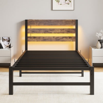 Estructura de Cama Tamaño Individual Marco de Cama Plataforma de Uso Intensivo con Cabecero, Estación de Carga USB, Cama con Luces LED, No Se Requiere Resorte de Caja, Base para Colchón, Listones de Acero Resistentes, Sin Ruido, Marrón