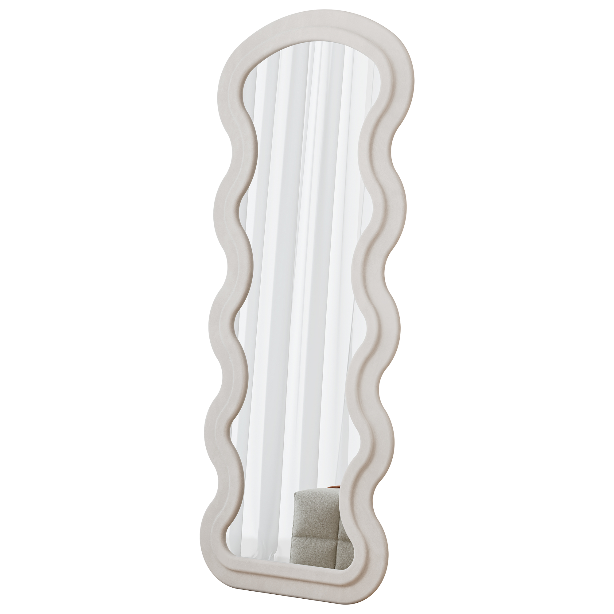 Espejo de Piso de Olas de Largo Completo en Franela para Dormitorio o Sala de Estar, Colgante o Contra la Pared, Blanco