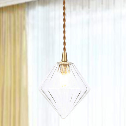 Contemporary Amber/Clear Glass Diamond Pendant Light: Stylish 1-Light Dining Room Hanging Lamp Kit (3"/4" Wide)