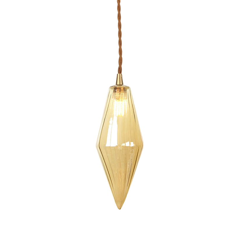 Contemporary Amber/Clear Glass Diamond Pendant Light: Stylish 1-Light Dining Room Hanging Lamp Kit (3"/4" Wide)