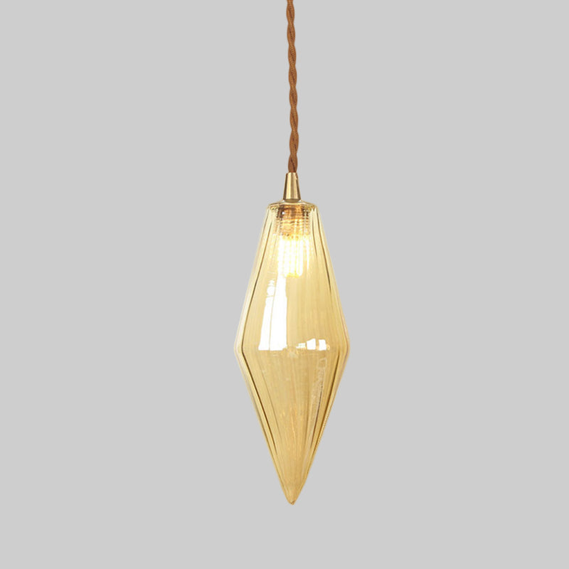 Contemporary Amber/Clear Glass Diamond Pendant Light: Stylish 1-Light Dining Room Hanging Lamp Kit (3"/4" Wide)