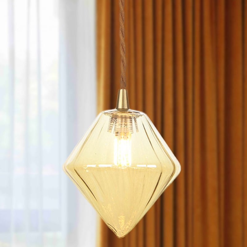 Contemporary Amber/Clear Glass Diamond Pendant Light: Stylish 1-Light Dining Room Hanging Lamp Kit (3"/4" Wide)