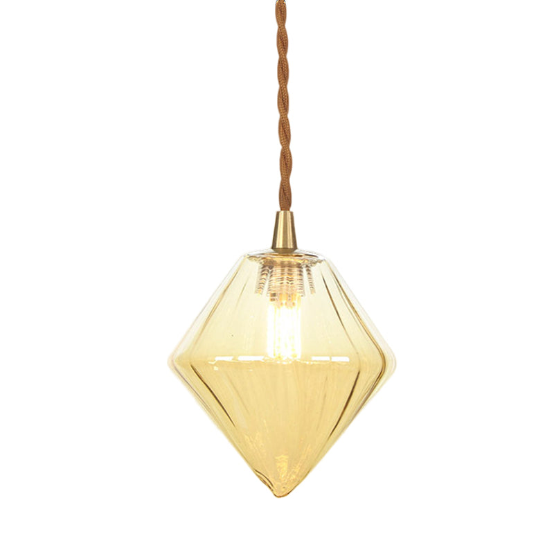 Contemporary Amber/Clear Glass Diamond Pendant Light: Stylish 1-Light Dining Room Hanging Lamp Kit (3"/4" Wide)