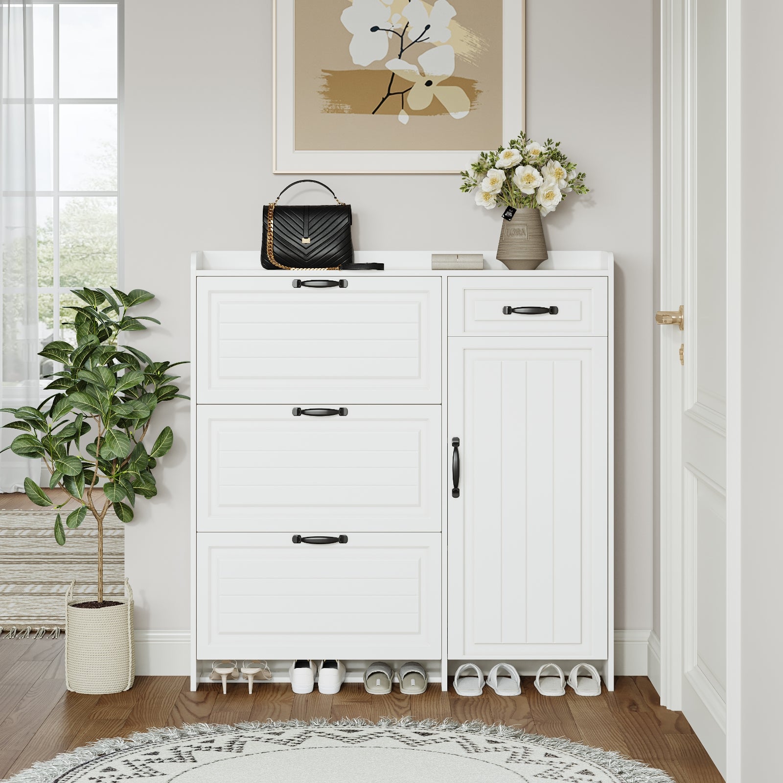 Armario para Zapatos de Color Blanco con 4 Puertas y 1 Cajón, Puerta de PVC con Forma, Amplio Espacio para Almacenamiento
