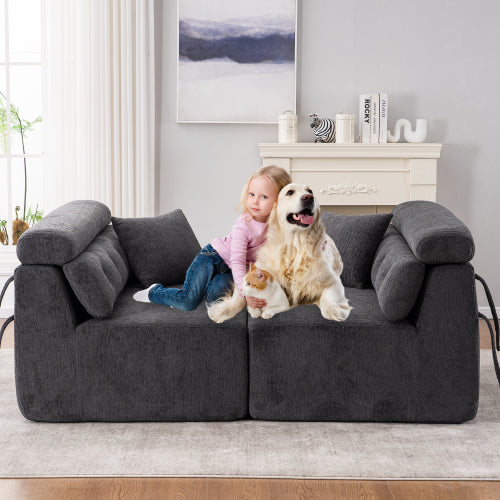 LY-029 Graue Kompressionssofa für 4 Personen, Kombinierte Sofa, Holzmaserung Chenille-Stoff, Voll-Schwamm-Kompressionssofa, kombinierte Sofa mit 2 Kissen für Wohnzimmer, Möbel für Zuhause, Wohnung