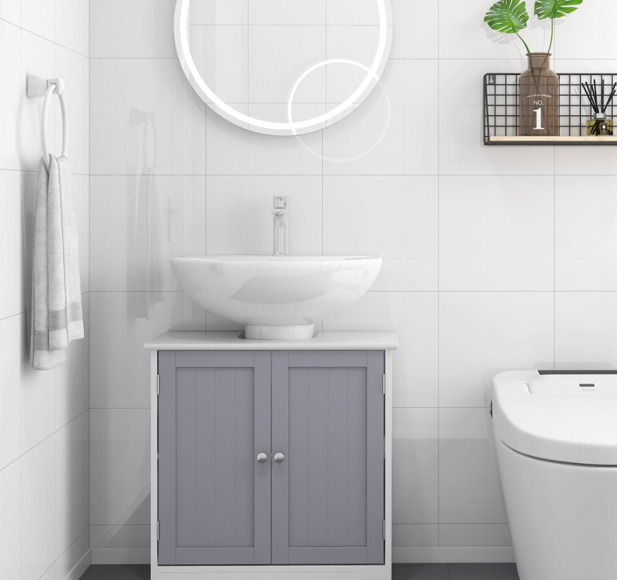Kleankin Badezimmer-Waschbecken-Schrank, Waschbecken-Schrank mit U-förmiger Ausschnitt, verstellbares Regal, Weiß und Grau