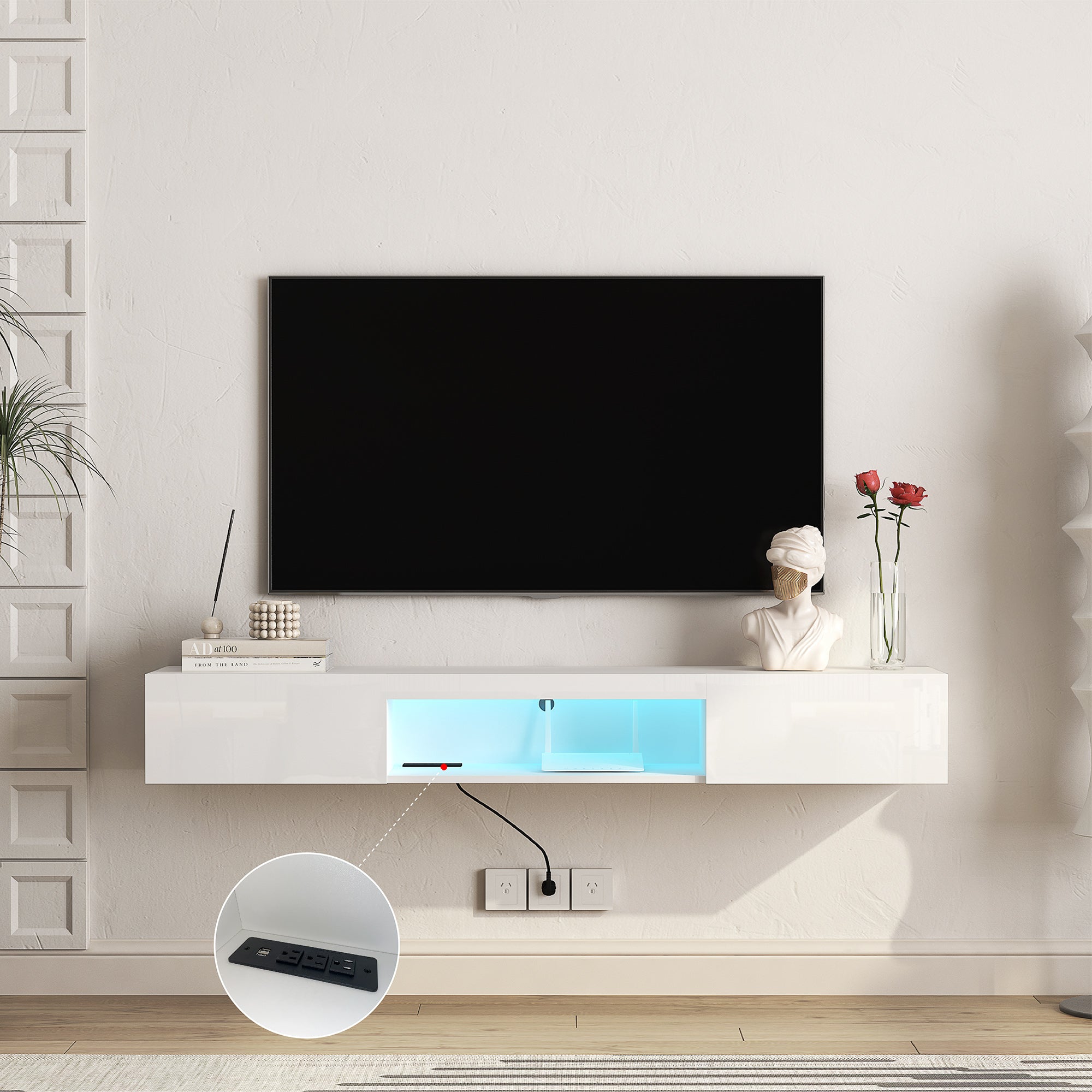 Soporte de TV Flotante Montado en la Pared con 16 Colores de LEDs, Soporte de TV Moderno, Gabinete de TV Flotante Centro de Entretenimiento para TV de 55 60 65 Pulgadas, Blanco