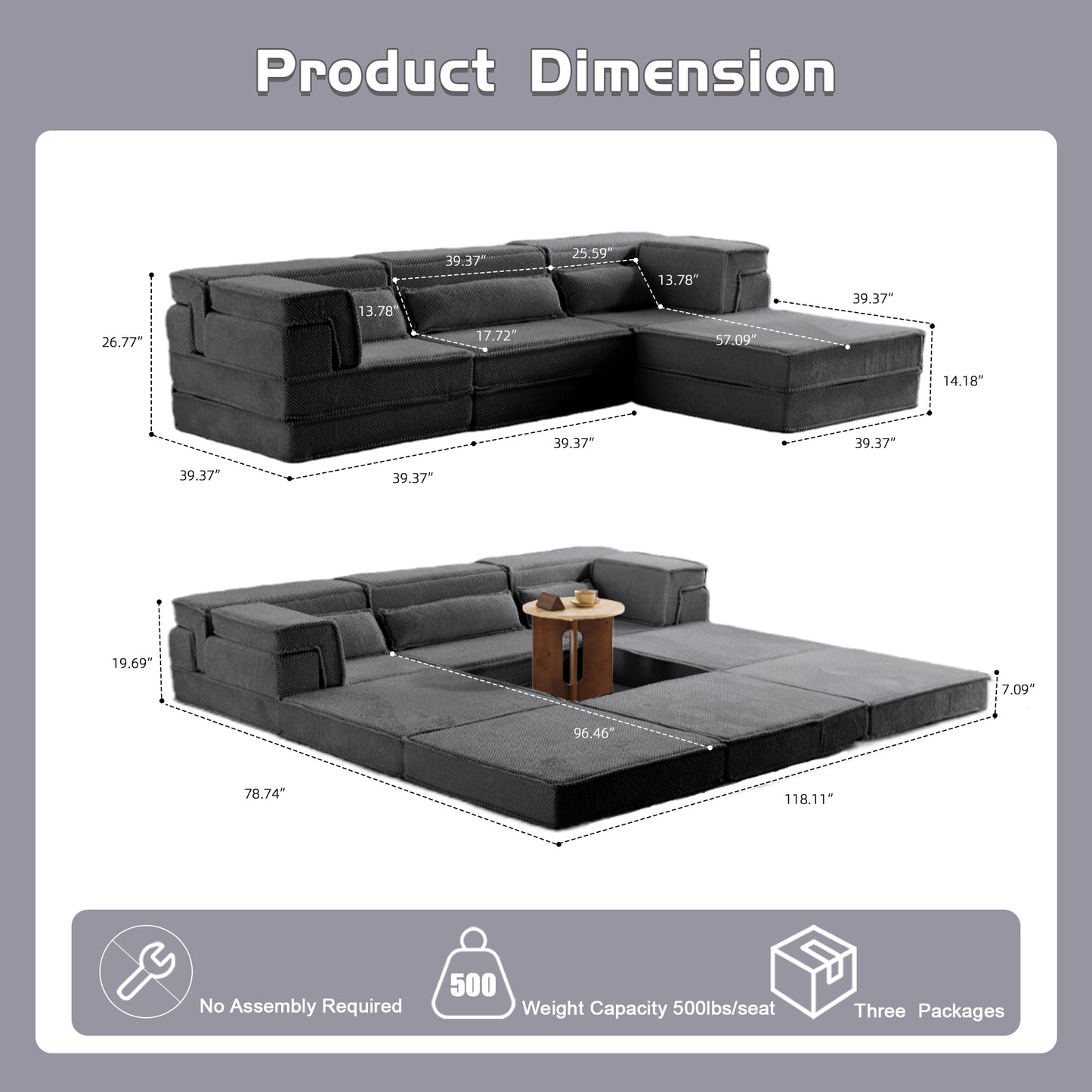 Compression Mahjong Sofa,Convertible Floor Sofa Bed,DIY Boneless Modular Sectional Sofa,No Assembly Required,Circle Fleece Fabric,Oversized 3 Seater With 1 Ottoman,Dark-grey