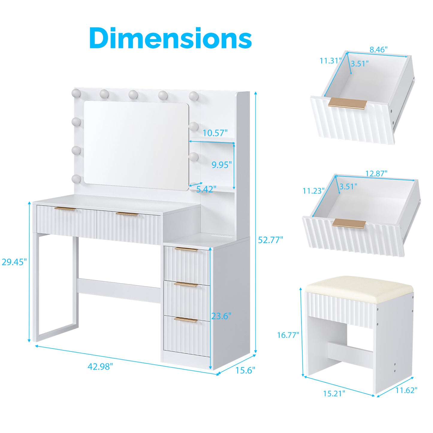 White Particleboard With A Melamine Finish, 5-drawer, 2-shelf Dressing Table Set With 11 Three-tone Light Bulbs, Power Strip, And Grille.